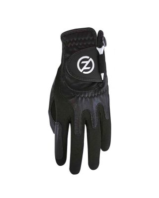 Zero friction cabretta ultra feel elite black golf glove with a tee and white background