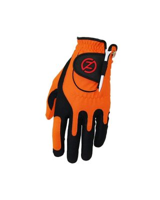 Zero friction junior compression orange golf glove with a tee and white background